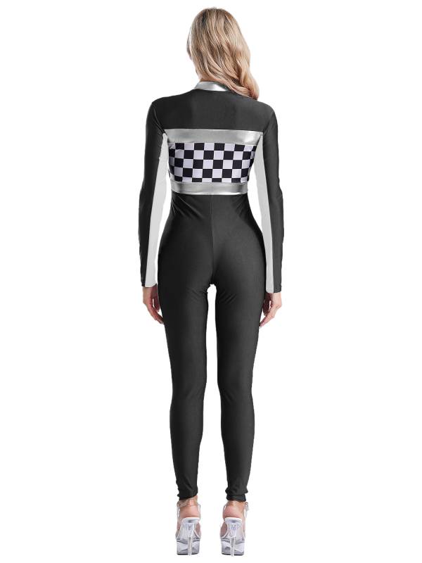 Women Long Sleeve Front Zipper Checkerboard Print Racer Driver Jumpsuit thumb