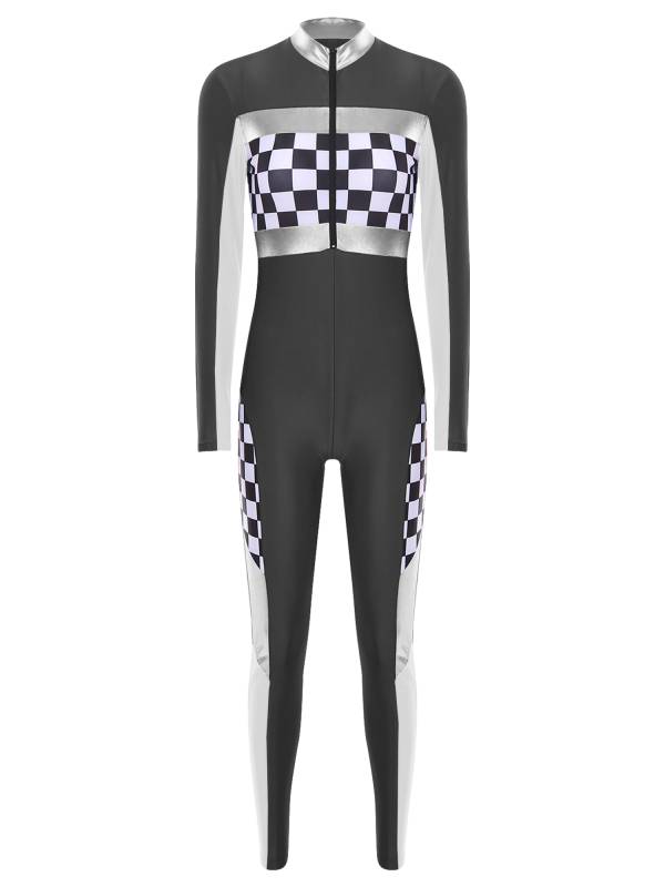 Women Long Sleeve Front Zipper Checkerboard Print Racer Driver Jumpsuit thumb