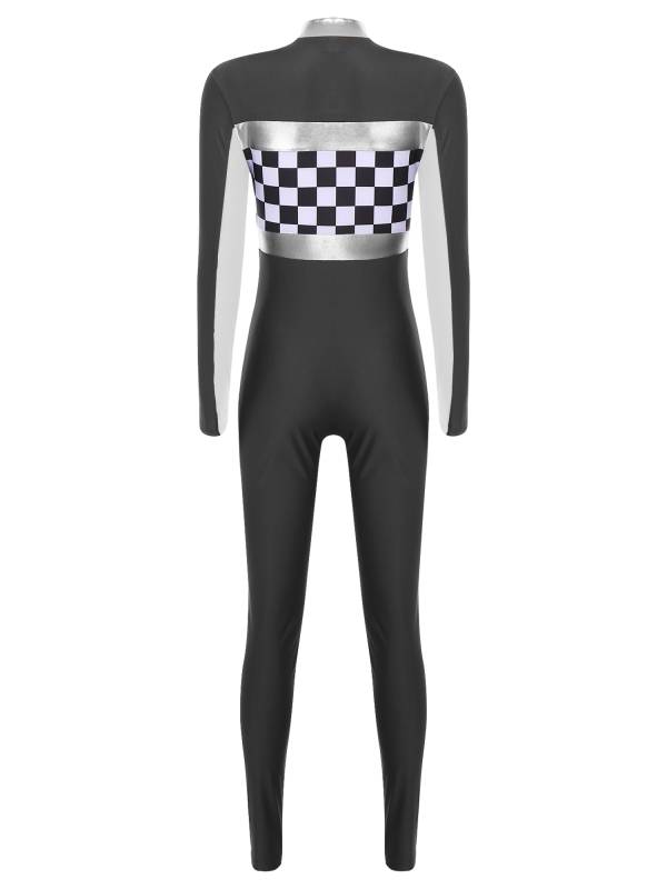 Women Long Sleeve Front Zipper Checkerboard Print Racer Driver Jumpsuit thumb