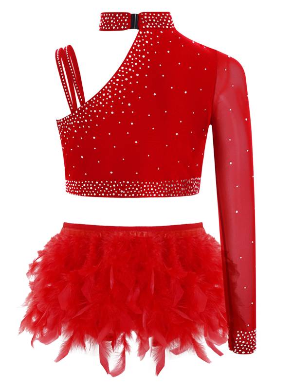 Girls Sparkly Rhinestone 2Pcs Jazz Dance Outfit Crop Top and Feather Skirt thumb
