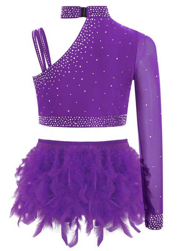 Girls Sparkly Rhinestone 2Pcs Jazz Dance Outfit Crop Top and Feather Skirt thumb