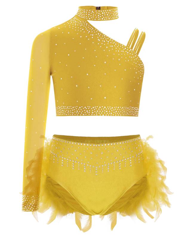Girls Sparkly Rhinestone 2Pcs Jazz Dance Outfit Crop Top and Feather Skirt thumb