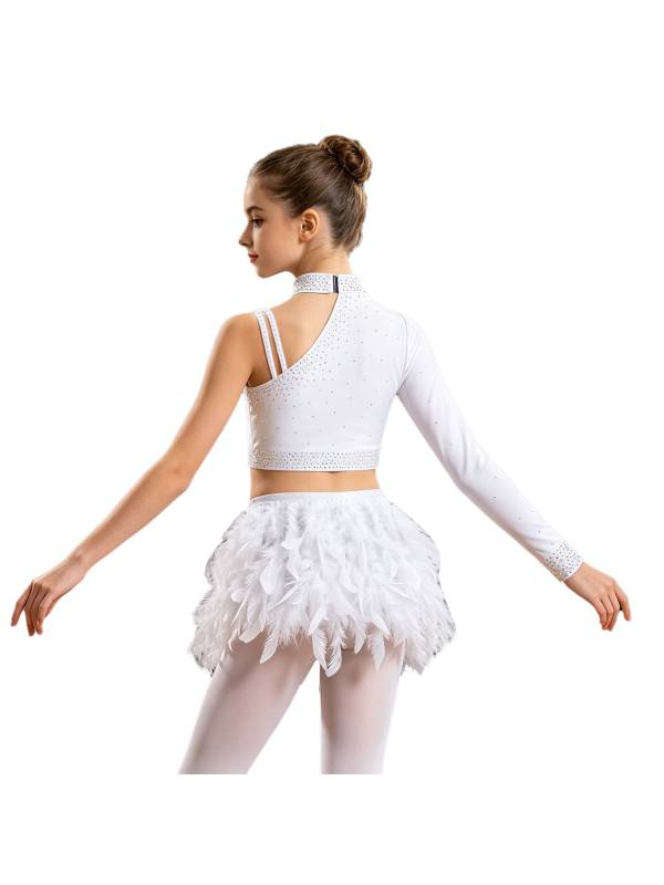 Girls Sparkly Rhinestone 2Pcs Jazz Dance Outfit Crop Top and Feather Skirt thumb