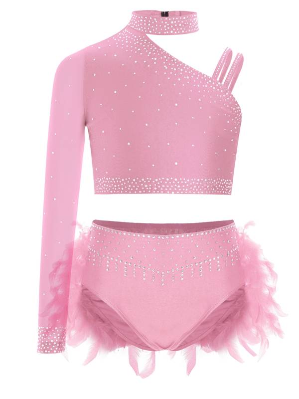 Girls Sparkly Rhinestone 2Pcs Jazz Dance Outfit Crop Top and Feather Skirt thumb