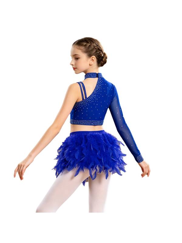 Girls Sparkly Rhinestone 2Pcs Jazz Dance Outfit Crop Top and Feather Skirt thumb