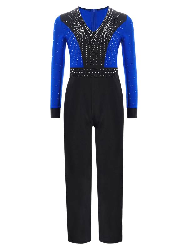 Kids Boys V Neck Long Sleeve Color Block Jumpsuit for Latin Dance thumb