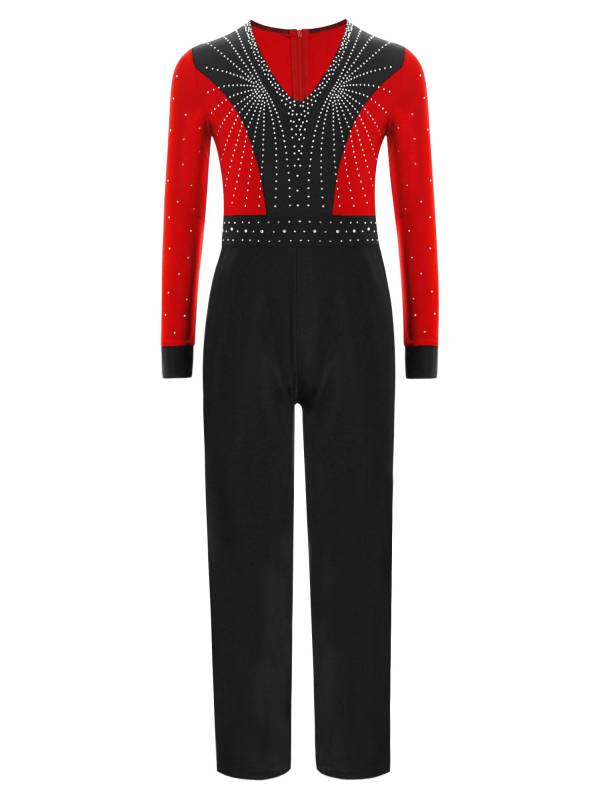 Kids Boys V Neck Long Sleeve Color Block Jumpsuit for Latin Dance thumb