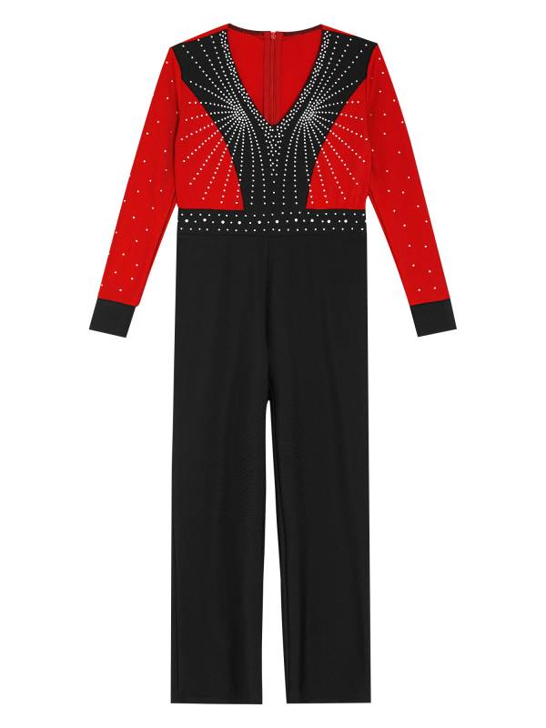 Kids Boys V Neck Long Sleeve Color Block Jumpsuit for Latin Dance thumb