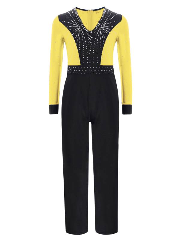 Kids Boys V Neck Long Sleeve Color Block Jumpsuit for Latin Dance thumb