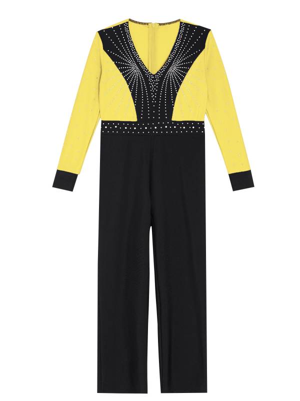 Kids Boys V Neck Long Sleeve Color Block Jumpsuit for Latin Dance thumb