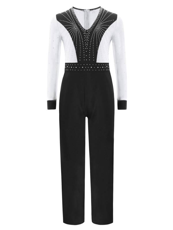 Kids Boys V Neck Long Sleeve Color Block Jumpsuit for Latin Dance thumb