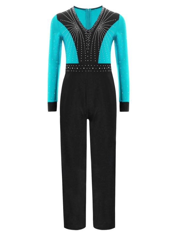 Kids Boys V Neck Long Sleeve Color Block Jumpsuit for Latin Dance thumb