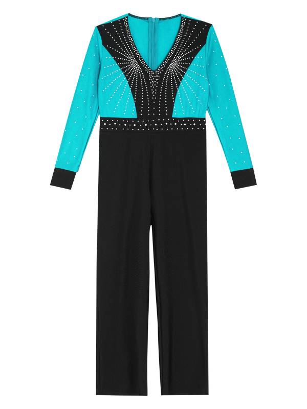 Kids Boys V Neck Long Sleeve Color Block Jumpsuit for Latin Dance thumb