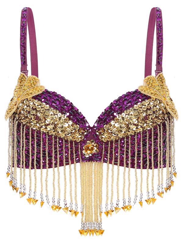 Women Sequins Straps Plastic Beaded Tassels Underwired Bra for Belly Dance thumb