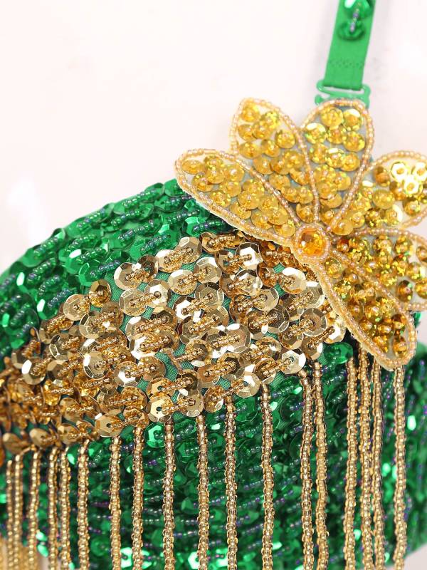 Women Sequins Straps Plastic Beaded Tassels Underwired Bra for Belly Dance thumb