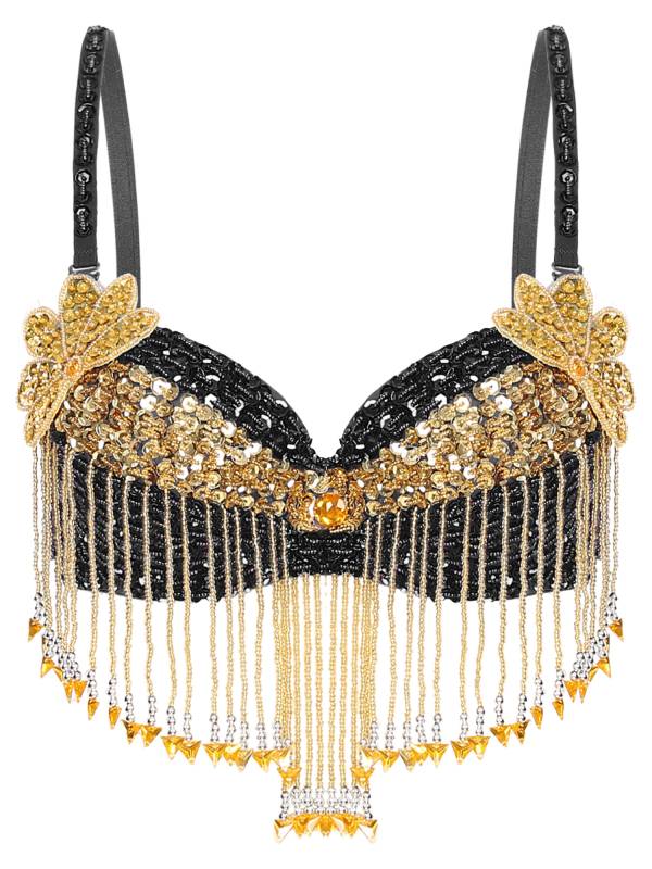 Women Sequins Straps Plastic Beaded Tassels Underwired Bra for Belly Dance thumb