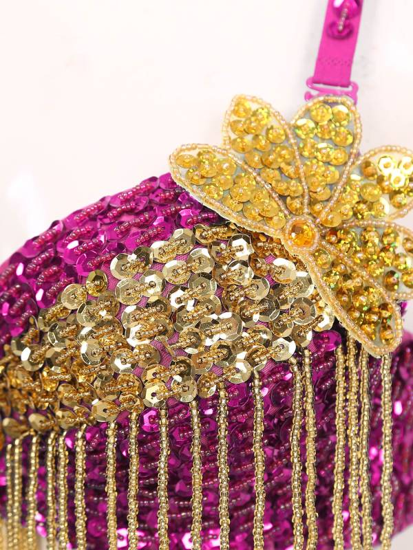 Women Sequins Straps Plastic Beaded Tassels Underwired Bra for Belly Dance thumb