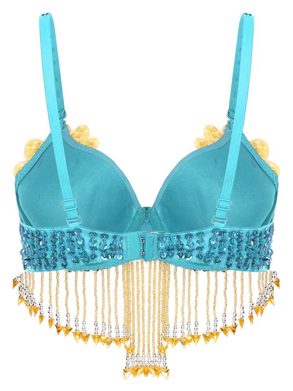 Women Sequins Straps Plastic Beaded Tassels Underwired Bra for Belly Dance thumb