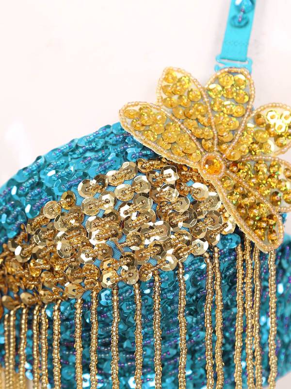 Women Sequins Straps Plastic Beaded Tassels Underwired Bra for Belly Dance thumb