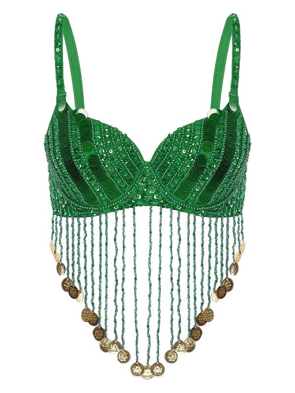 Women Straps Sequins Plastic Beaded Tassels Belly Dance Underwired Bra Top thumb