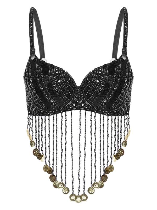 Women Straps Sequins Plastic Beaded Tassels Belly Dance Underwired Bra Top thumb