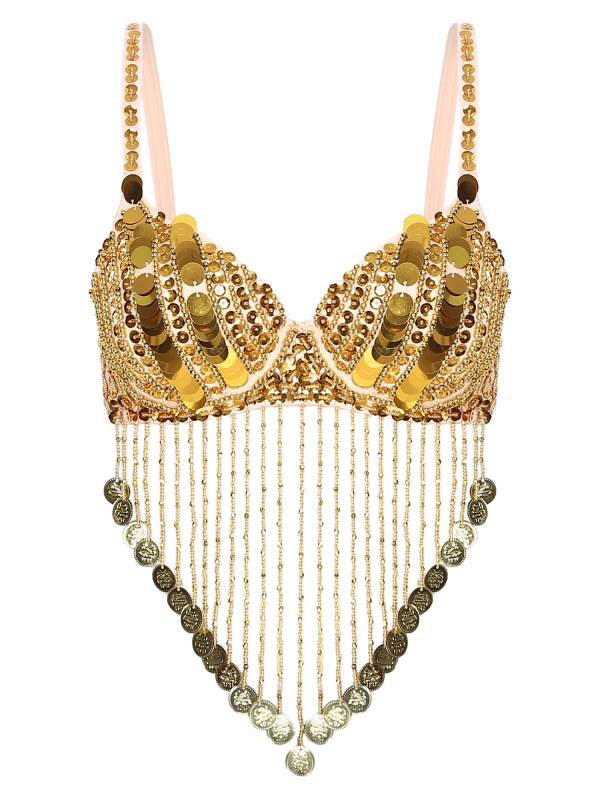 Women Straps Sequins Plastic Beaded Tassels Belly Dance Underwired Bra Top thumb
