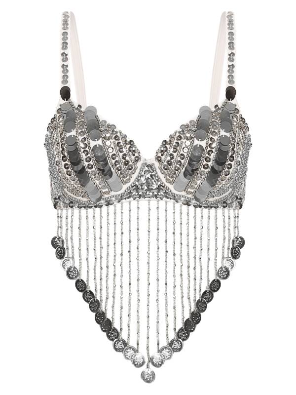 Women Straps Sequins Plastic Beaded Tassels Belly Dance Underwired Bra Top thumb