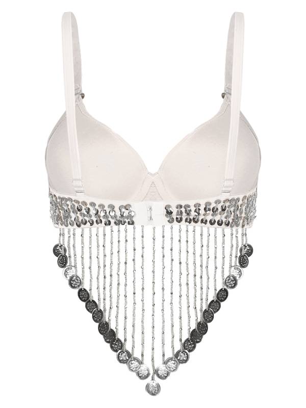 Women Straps Sequins Plastic Beaded Tassels Belly Dance Underwired Bra Top thumb