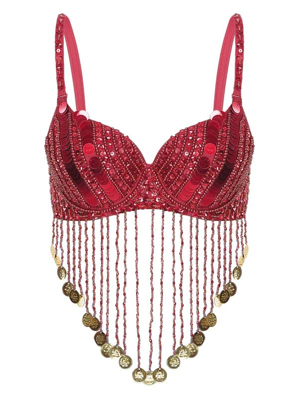 Women Straps Sequins Plastic Beaded Tassels Belly Dance Underwired Bra Top thumb