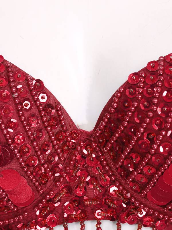 Women Straps Sequins Plastic Beaded Tassels Belly Dance Underwired Bra Top thumb