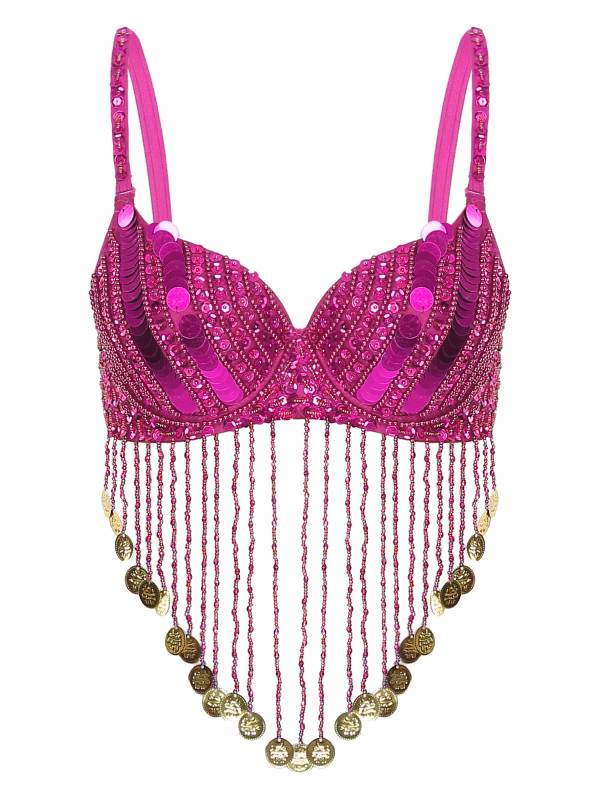 Women Straps Sequins Plastic Beaded Tassels Belly Dance Underwired Bra Top thumb