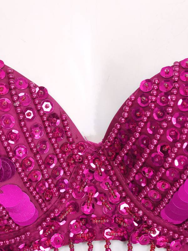 Women Straps Sequins Plastic Beaded Tassels Belly Dance Underwired Bra Top thumb