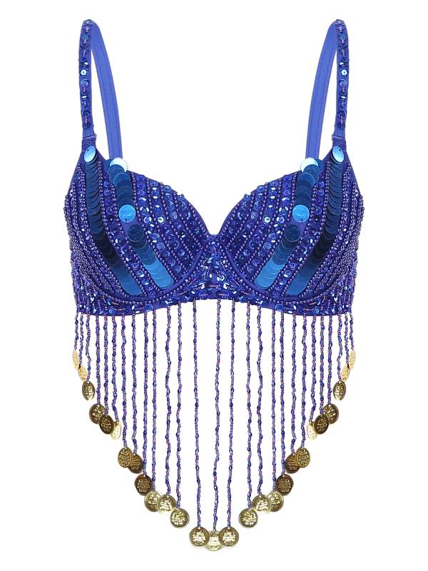 Women Straps Sequins Plastic Beaded Tassels Belly Dance Underwired Bra Top thumb
