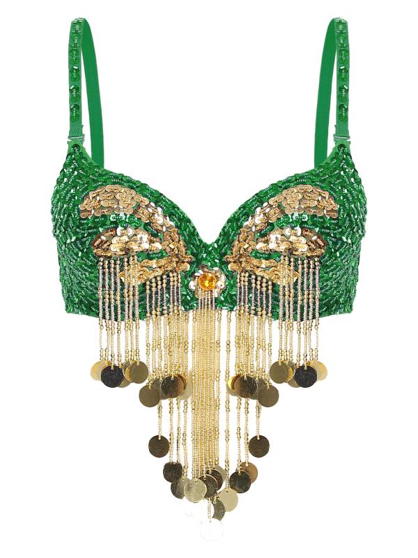 Women Beaded Tassels Straps Sequins Underwired Belly Dance Bra Top thumb