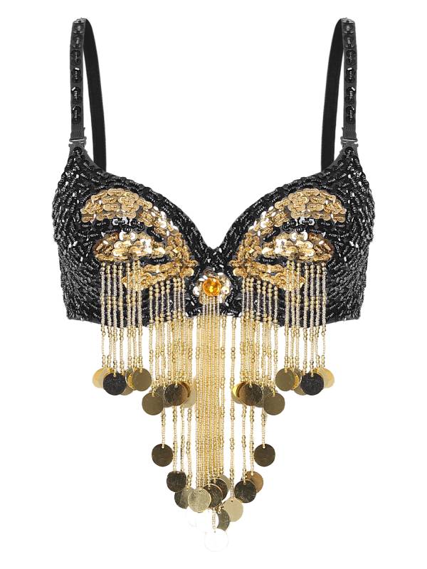 Women Beaded Tassels Straps Sequins Underwired Belly Dance Bra Top thumb