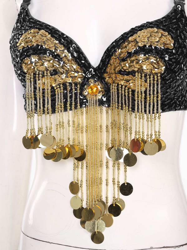 Women Beaded Tassels Straps Sequins Underwired Belly Dance Bra Top thumb