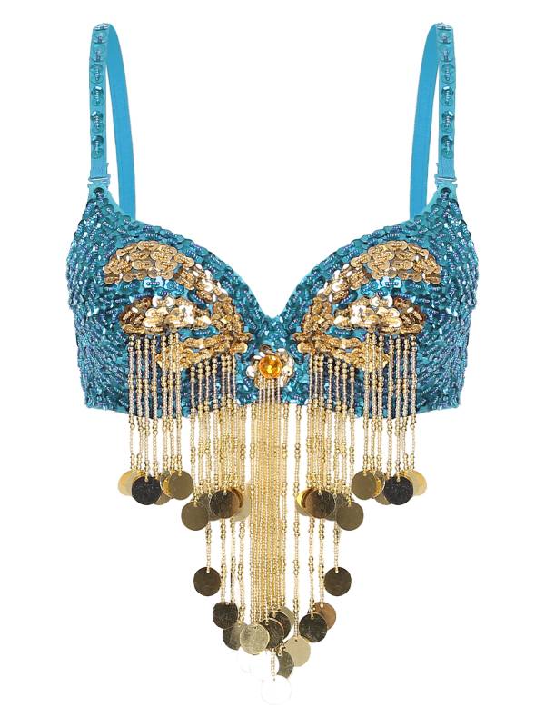 Women Beaded Tassels Straps Sequins Underwired Belly Dance Bra Top thumb