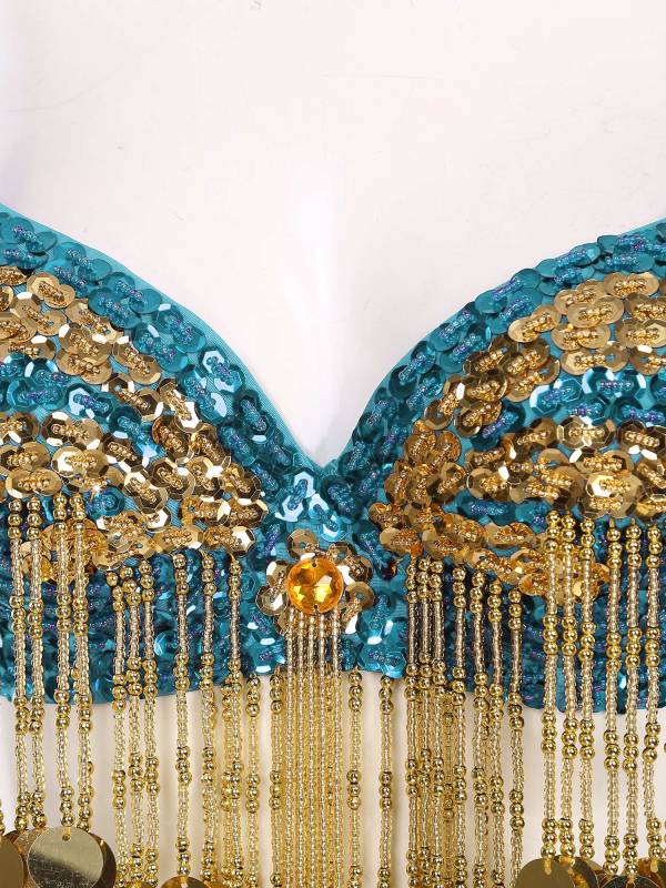 Women Beaded Tassels Straps Sequins Underwired Belly Dance Bra Top thumb