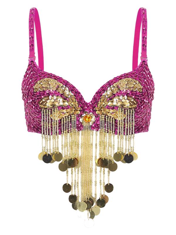 Women Beaded Tassels Straps Sequins Underwired Belly Dance Bra Top thumb