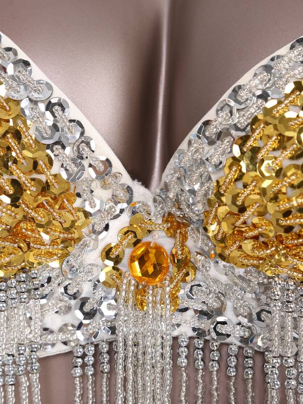 Women Beaded Tassels Straps Sequins Underwired Belly Dance Bra Top thumb