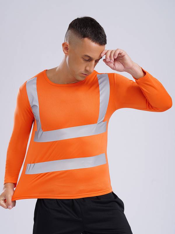 Men Long Sleeves Round Neck Reflective Stripes Sports T-shirt thumb