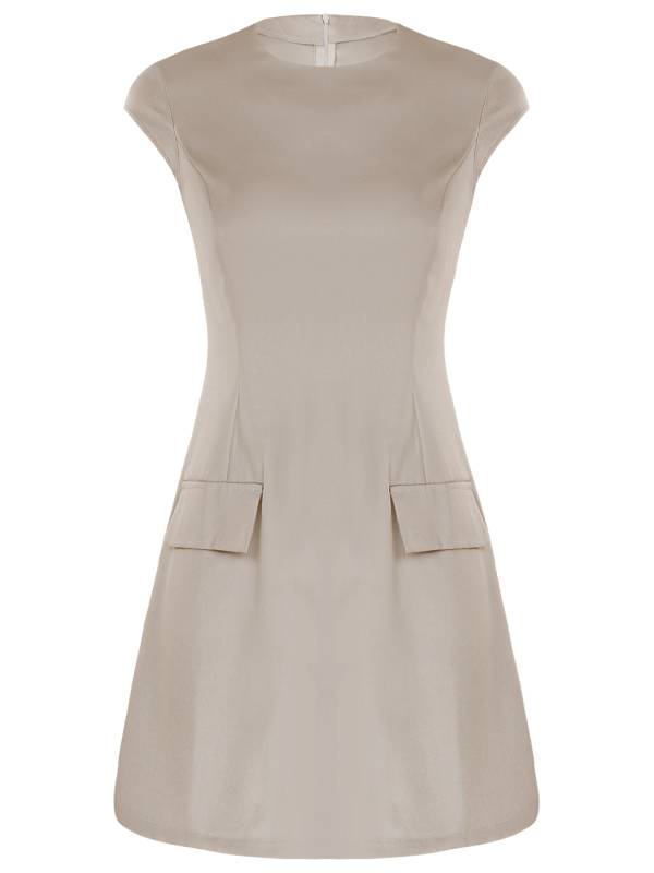 Women Round Neck Cap Sleeve Solid Color A-Line Party Dress thumb