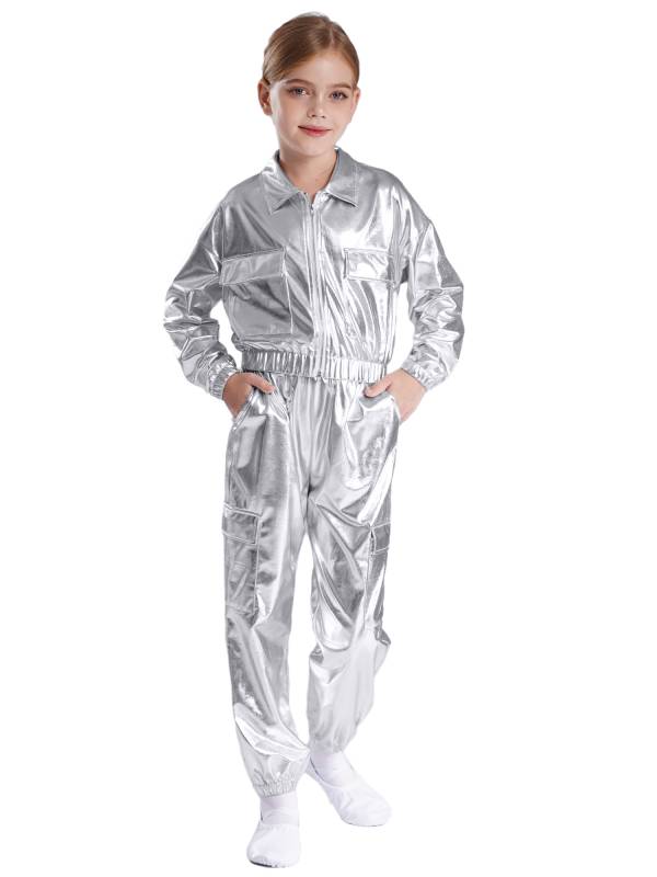 Kids 2pcs Metallic Long Sleeve Jacket and Shiny Pants Set for Jazz Dance thumb
