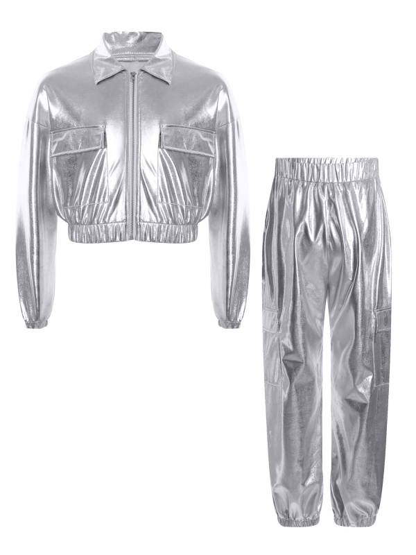 Kids 2pcs Metallic Long Sleeve Jacket and Shiny Pants Set for Jazz Dance thumb