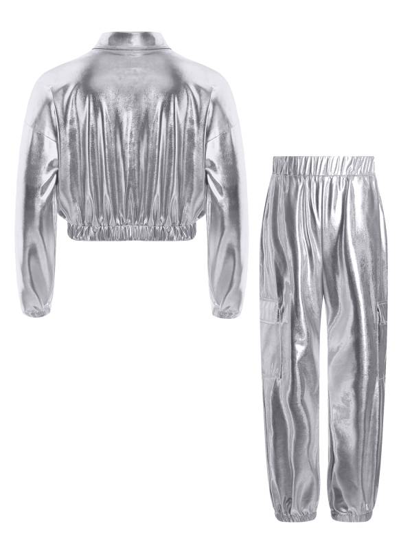 Kids 2pcs Metallic Long Sleeve Jacket and Shiny Pants Set for Jazz Dance thumb
