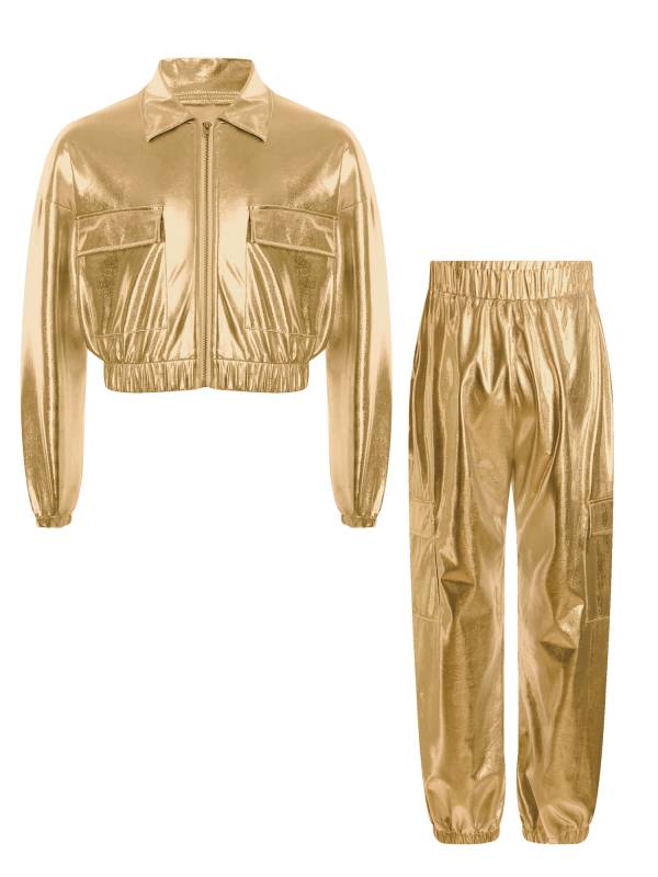 Kids 2pcs Metallic Long Sleeve Jacket and Shiny Pants Set for Jazz Dance thumb