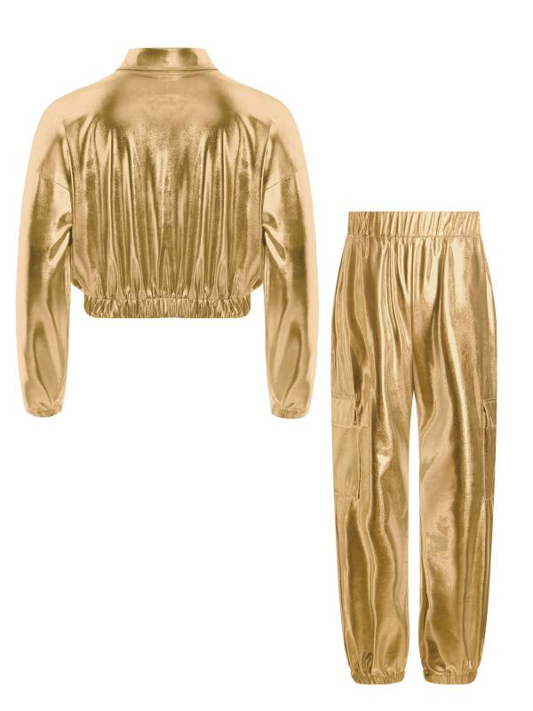 Kids 2pcs Metallic Long Sleeve Jacket and Shiny Pants Set for Jazz Dance thumb
