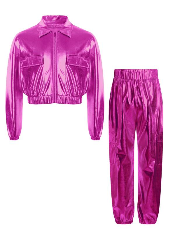 Kids 2pcs Metallic Long Sleeve Jacket and Shiny Pants Set for Jazz Dance thumb