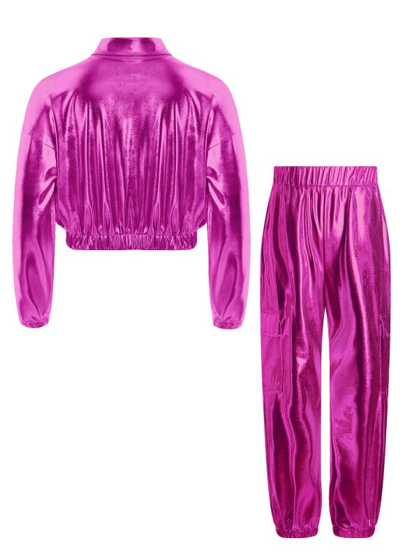 Kids 2pcs Metallic Long Sleeve Jacket and Shiny Pants Set for Jazz Dance thumb