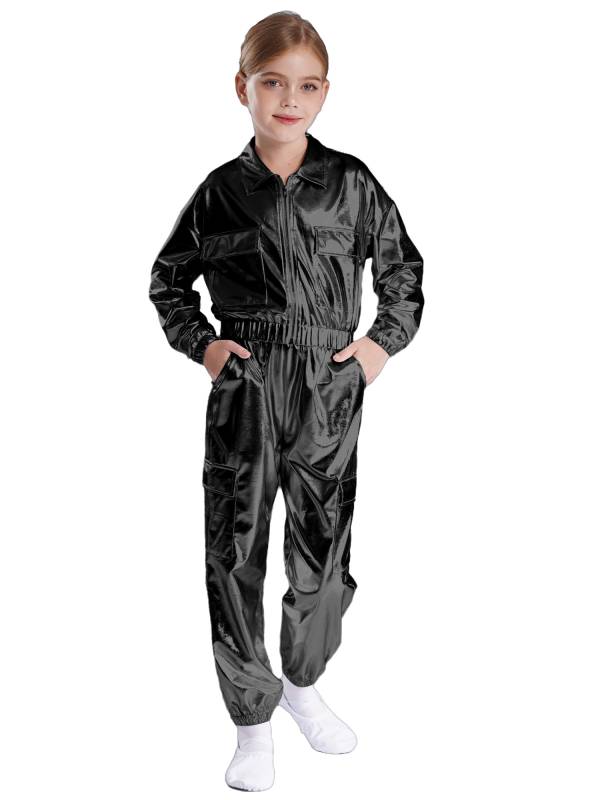 Kids 2pcs Metallic Long Sleeve Jacket and Shiny Pants Set for Jazz Dance thumb